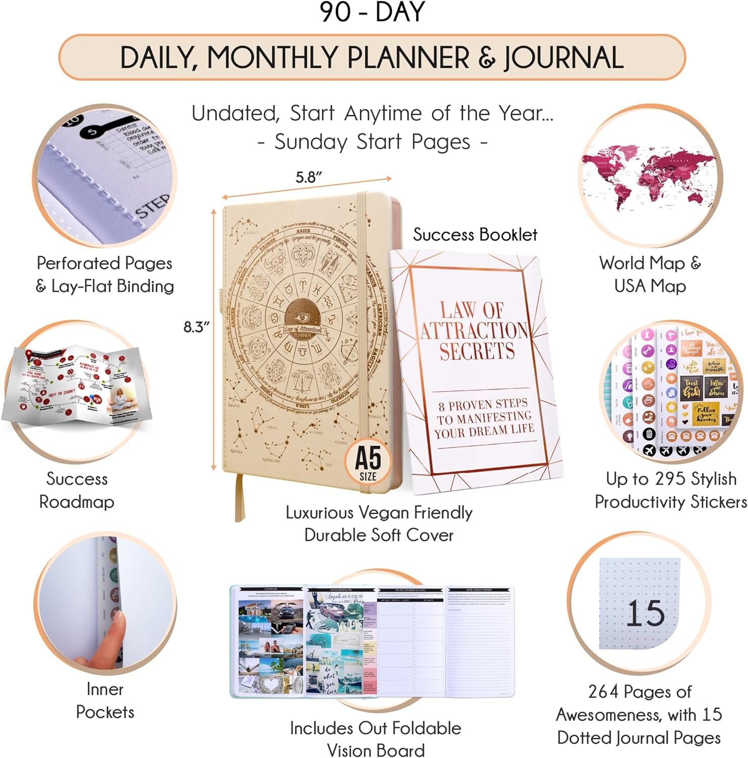 Manifestation Journal - 5 Minute Manifesting & Self Care Journal | 90-Day Undated Daily Planner for Positivity, Affirmations & Gratitude | Guided Mindfulness, Reflection | Vision Board + Stickers - Image 2