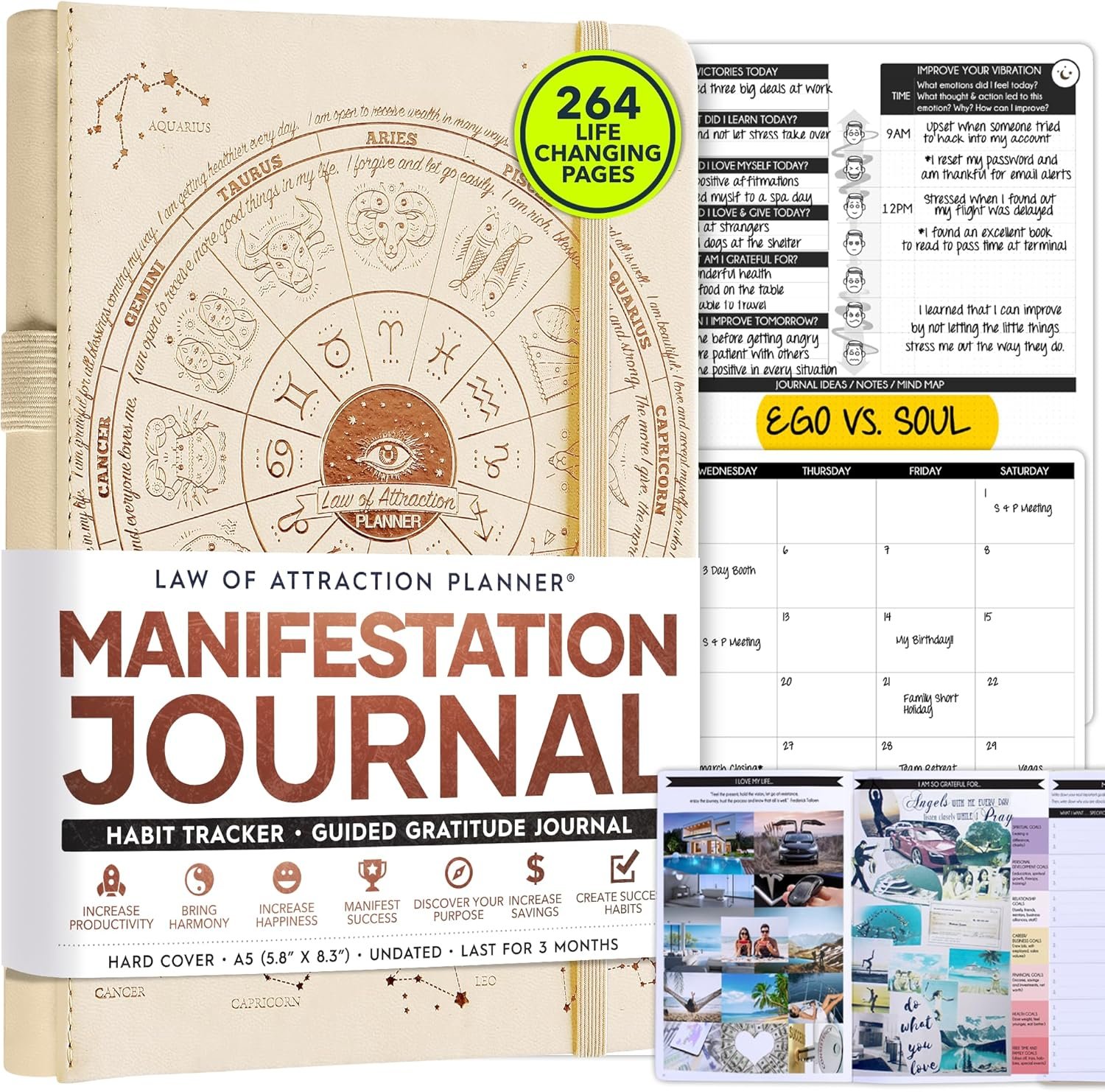 Manifestation Journal - 5 Minute Manifesting & Self Care Journal | 90-Day Undated Daily Planner for Positivity, Affirmations & Gratitude | Guided Mindfulness, Reflection | Vision Board + Stickers