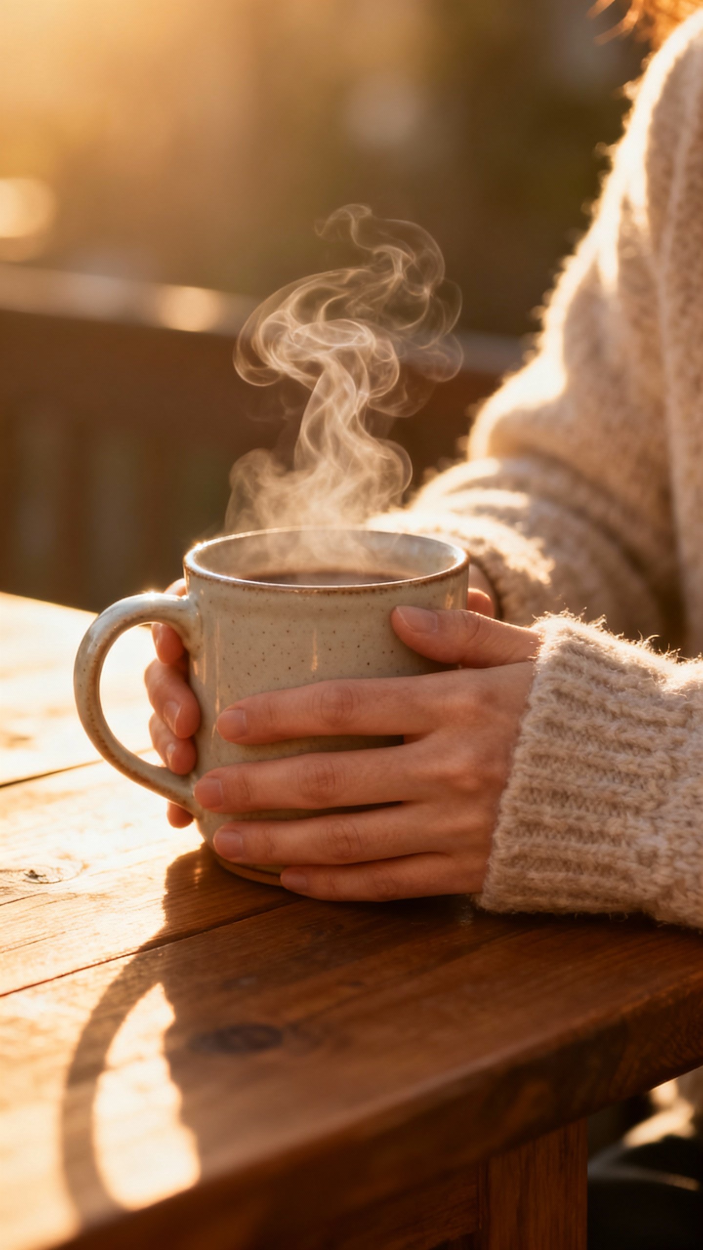 Closeup of hands holding steaming ceramic mug, tea meditation, morning light, soft wool sweater, woo