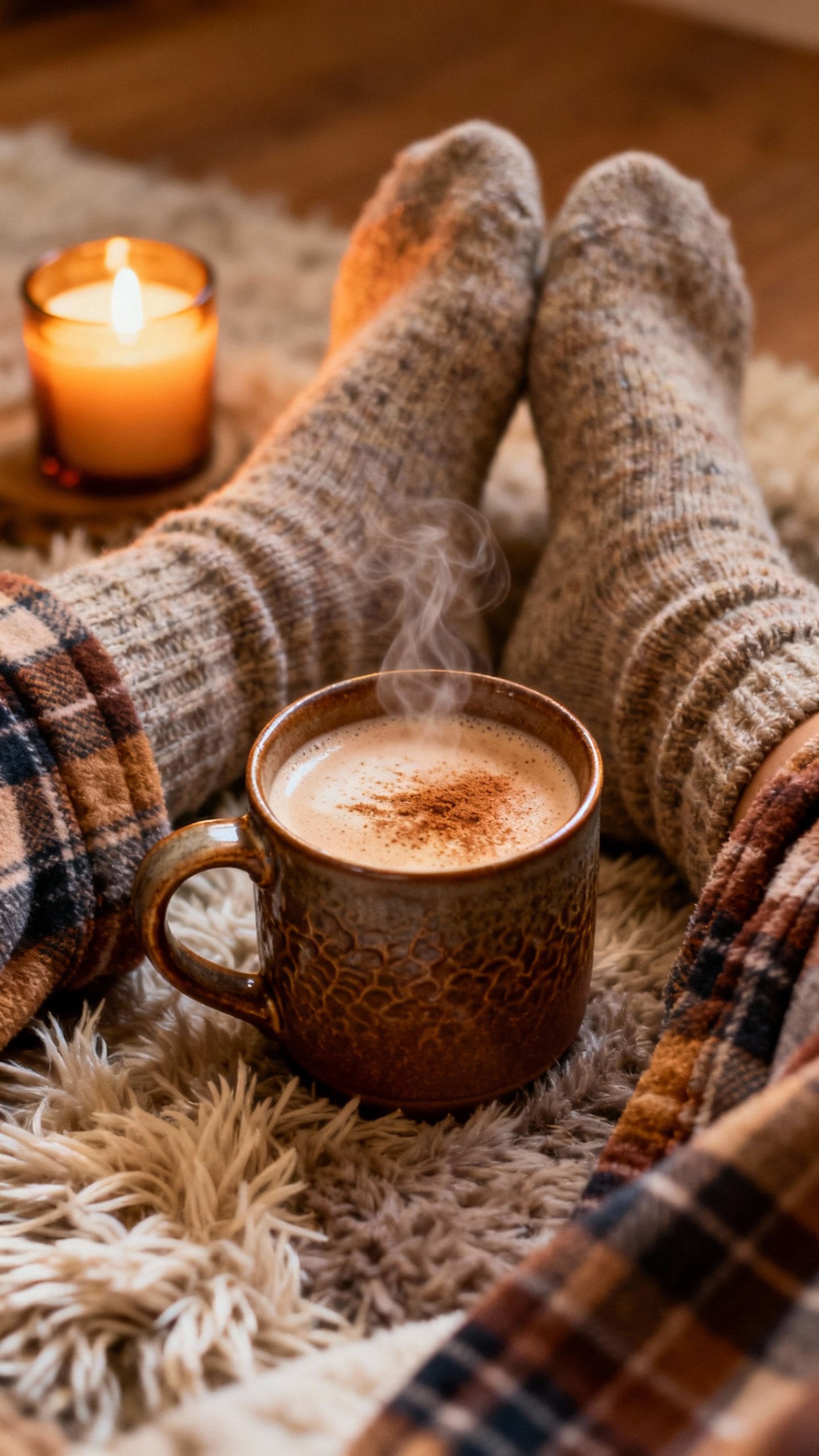 Steaming cinnamon oat milk latte in heavy ceramic mug, wool-socked feet on plush rug, flannel robe h