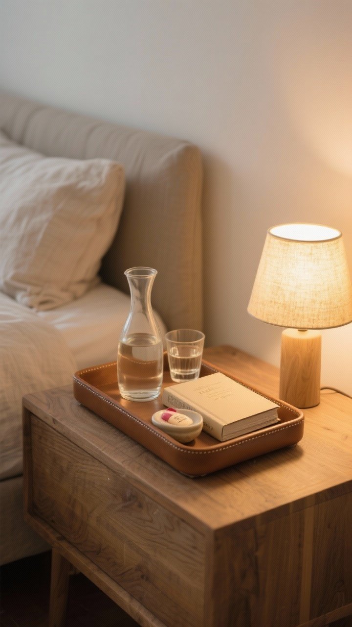 A closeup, bedside ritual tray on a natural wood nightstand: a low leather-lined tray neatly corralling a glass water carafe with tumbler, a single hardcover book, a small ceramic dish with hand cream and lip balm, and a petite lamp with a warm 2700K bulb casting a golden pool of light; soft-focus linen bedding in the background, minimal and serene.