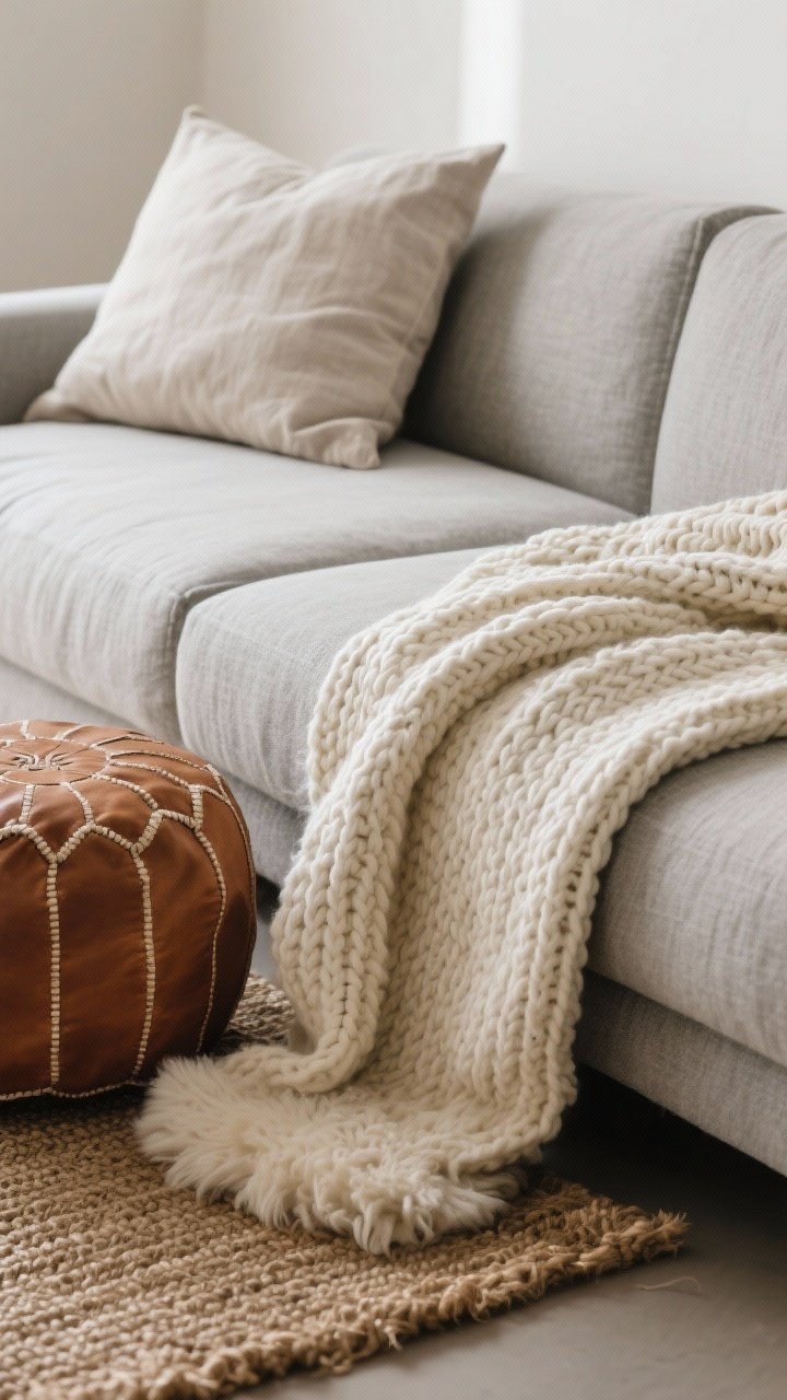 A closeup detail shot highlighting layered textures in a tight color palette: a chunky knit cream throw against a tailored soft-gray linen sofa, a matte linen pillow next to a caramel leather pouf, with the edge of a natural jute flat-weave rug under a small faux-sheepskin layer; soft, diffuse lighting emphasizes fabric weave and tactile contrast; calm, hygge, photorealistic.