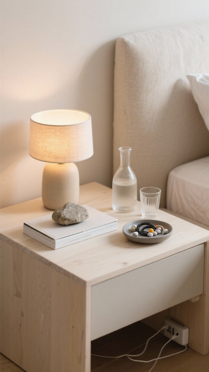 A closeup, detail shot of a pared-back nightstand: one book stacked horizontally with a small stone resting on top, a low-glow ceramic lamp with warm bulb, a petite glass carafe with a tumbler, and a matte dish corralling hair ties and earplugs; no visible chargers, soft morning light, palette of creams, pale wood, and matte finishes for quiet.