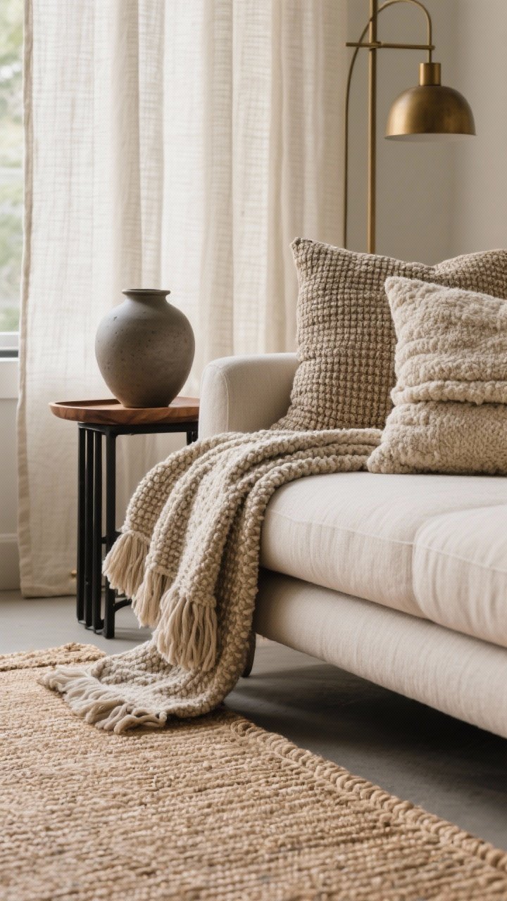 A closeup detail shot of layered textures: a warm neutral flat-weave rug underfoot, linen curtain edge draping into frame, a boucle throw and nubby pillows stacked on a sofa arm, with a matte ceramic stoneware vase and an oiled oak tray beside a hint of matte-black metal; a restrained touch of brushed brass peeks in for gentle shine; patterns limited to thin tone-on-tone weaves, soft diffused light.