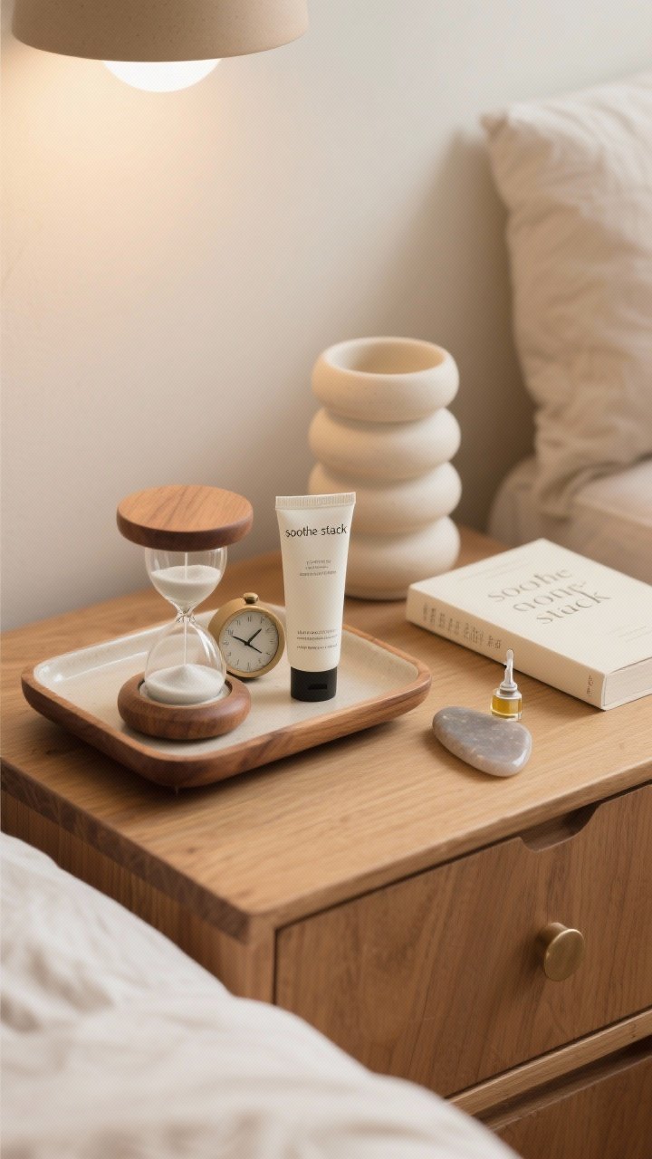 A closeup dresser vignette of a “soothe stack”: a wooden/ceramic tray anchoring a sand hourglass, a small analog clock, a tube of hand cream with a cuticle oil dropper, a smooth gua sha stone, and a slim poetry book; quiet palette of creams, warm woods, and matte ceramics, gentle bedside lighting.