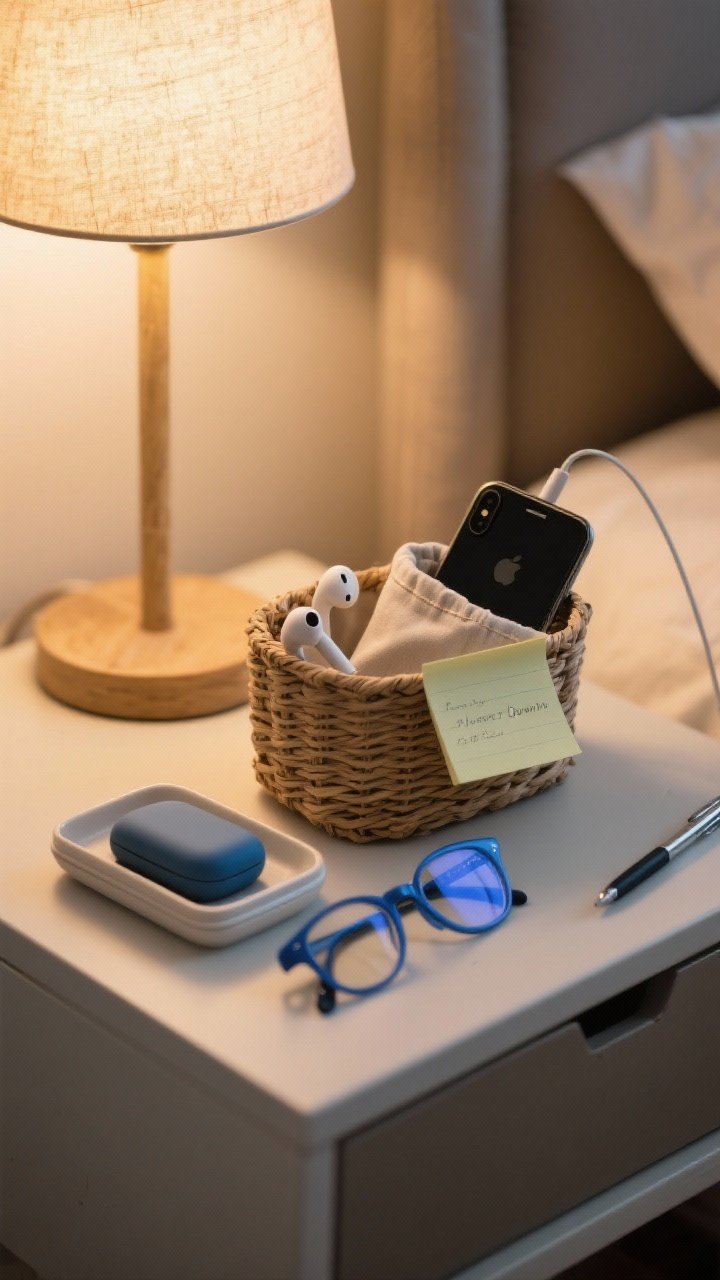 A closeup of a nightstand power-down basket: a small woven basket containing a fabric charging pouch with a phone partially tucked in, earbuds case, blue-light glasses in a slim case, and sticky notes with a pen; warm bedside lamp glow, minimal clutter, intimate straight-on detail framing.