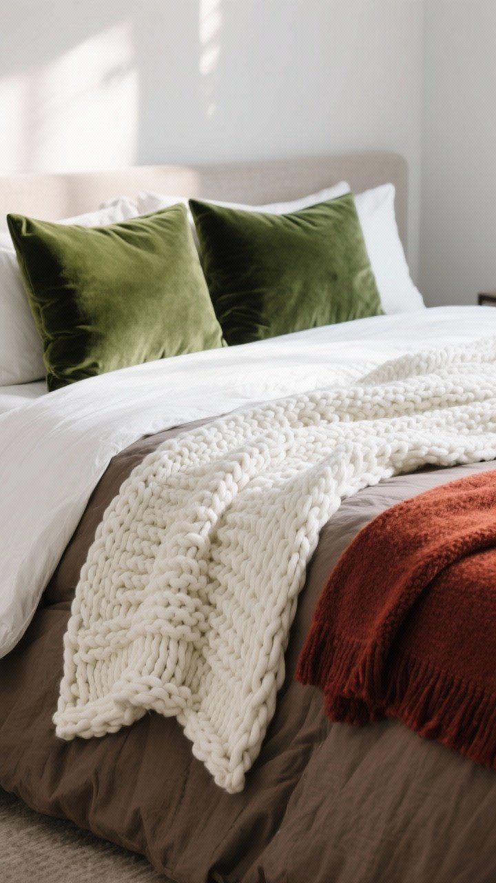 A closeup of a statement throw as the hero: a chunky knit throw in winter white draped diagonally across crisp percale bedding, with velvet pillows in pine green for texture contrast; include a second option folded at the foot—a classic wool throw in deep rust—on a taupe duvet; soft afternoon light raking across the knit to emphasize thickness; photorealistic, no people.