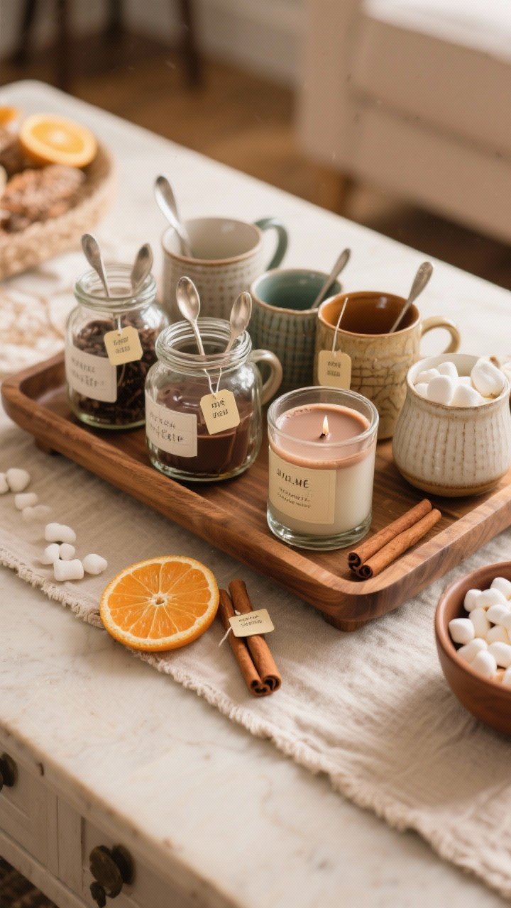 A closeup of a styled hot drink station: a wooden tray holding mismatched ceramic mugs, teaspoons, tea bags in labeled glass jars, and hot cocoa in a repurposed cleaned candle container; a linen napkin or small runner layered under the tray; garnish accents of cinnamon sticks, dried orange slices, and a bowl of mini marshmallows; warm, cozy lighting, photorealistic.