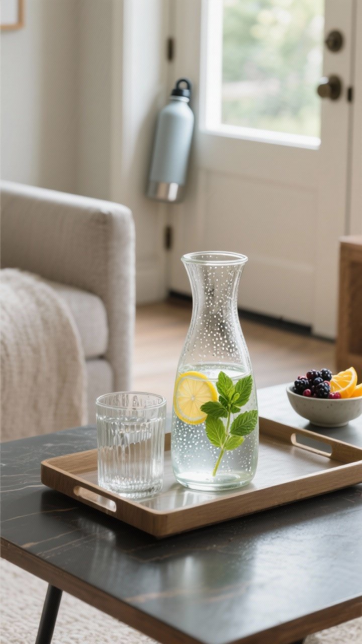 A closeup of hydration stations: a pretty glass carafe with lemon and mint on a coffee table tray, condensation beading on the glass; in the background, a reusable bottle parked by the front door; berries and citrus slices ready in a small bowl; natural daylight highlighting the clarity and freshness, shallow depth of field.