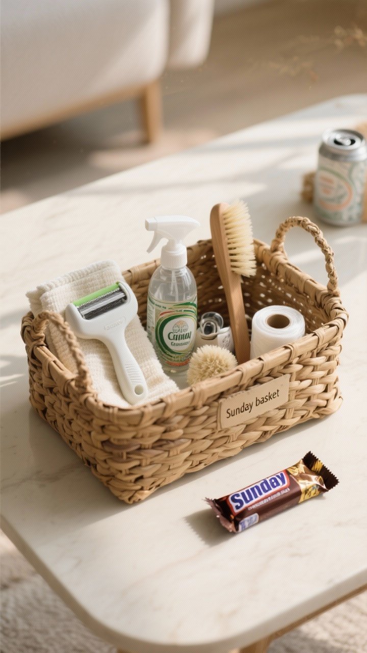 A closeup, overhead view of a woven “Sunday basket” on a table: neatly arranged lint shaver, fabric spray, soft brush, mini duster, microfiber cloth, tiny roll of trash bags, and a wrapped chocolate bar or fancy seltzer can; natural daylight, simple neutral palette with tactile materials to signal a calm weekly reset.
