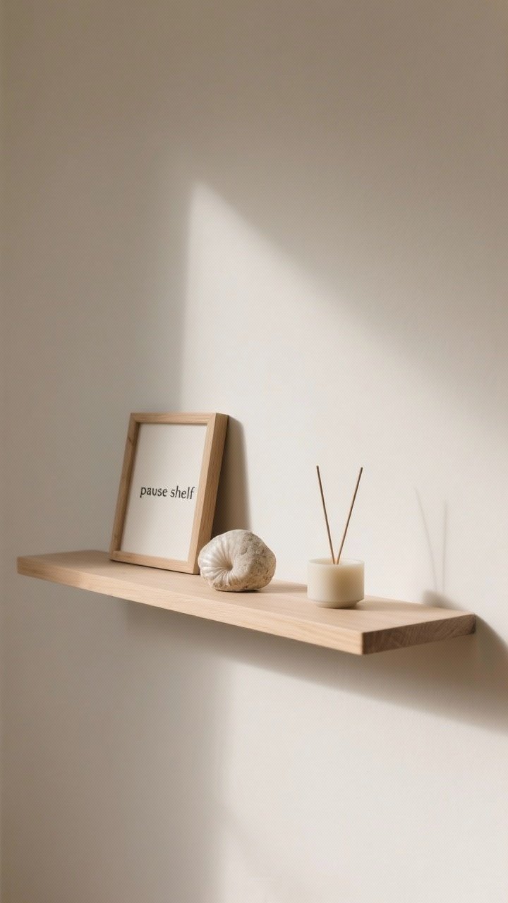 A closeup, straight-on shot of a “pause shelf” at eye level on a quiet wall: one narrow floating shelf in light wood, holding only three items—a small framed word/intention, a natural element (smooth stone or shell), and a minimal candle or incense holder. Neutral palette, gentle side lighting casting soft shadows, airy negative space emphasizing intention over objects.