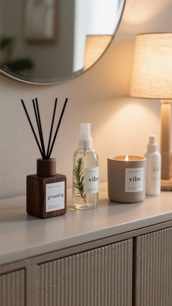 A closeup, styled vignette of a scent wardrobe on a console: three grouped vessels labeled by vibe—grounding (cedar/vetiver/sandalwood diffuser in dark wood tones), clear-minded (eucalyptus/rosemary mint room spray in frosted glass), cozy (vanilla/amber cardamom candle in matte ceramic); linen spray nearby, soft evening lamp light for mood.