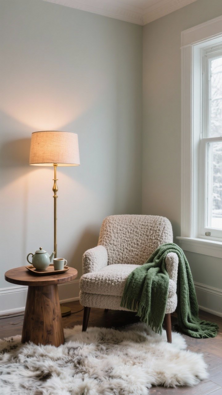 A corner wide shot of a hibernate-worthy reading nook: an upholstered boucle lounge chair with a pine green throw blanket, a small round wooden side table with a teapot and mug on a tray, a brass floor lamp with a warm bulb, and a faux-sheepskin rug underfoot; intimate, inviting lighting and winter palette details; photorealistic, no people.