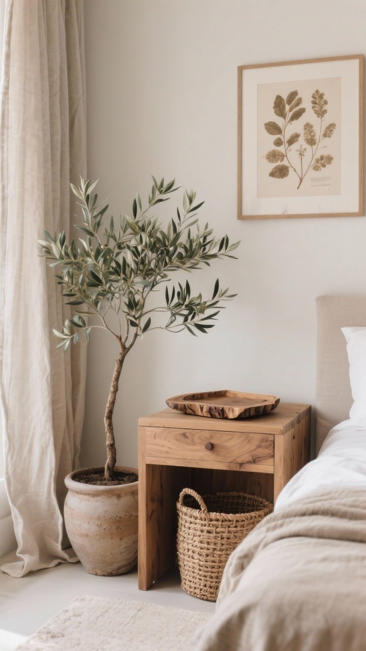A detail closeup from bedside height capturing nature elements without clutter: a realistic olive tree in a ceramic pot in the background, an oak nightstand with a live-edge wooden tray, a rattan basket tucked beside the bed, and linen curtains pooling lightly on the floor. On the wall above, a muted botanical print in soft, earthy tones. Balanced, breathable composition with gentle natural light; photorealistic, no people.