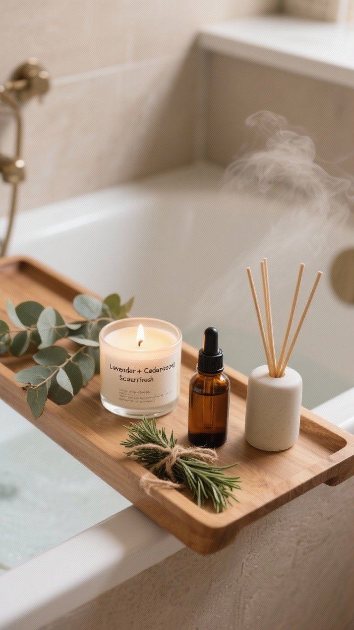 A detail closeup of a curated scent vignette on a wooden bath tray over a tub: a single softly flickering candle labeled “Lavender + Cedarwood,” a small amber glass bottle of essential oil with a carrier oil dropper, and a minimalist reed diffuser on the counter in the background; visible eucalyptus and rosemary sprigs tied with twine for “Scandi fresh” ambiance; steam-softened atmosphere with warm neutral palette and subtle natural textures; photorealistic, shallow depth of field, overhead angle emphasizing the three scent zones and layered but subtle aroma setup