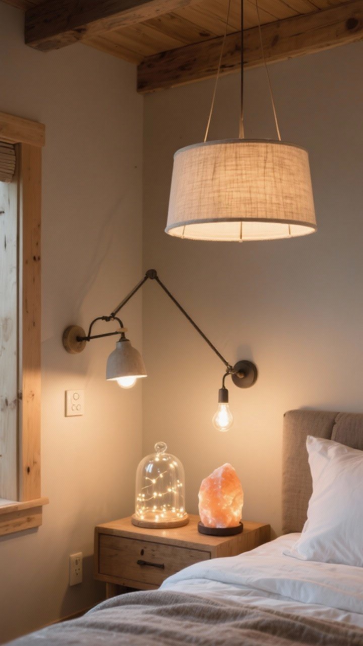 A detail-oriented medium shot of layered lighting: a fabric drum pendant providing ambient glow, matching bedside swing-arm sconce with dimmer for task light, and a salt lamp plus fairy lights inside a glass cloche for ambient “glow factor”; bulbs set to warm-white 2700K; scene captured from the bed corner angle showing the interplay of overhead, task, and ambient lighting on neutral walls; photorealistic, cozy cabin mood.