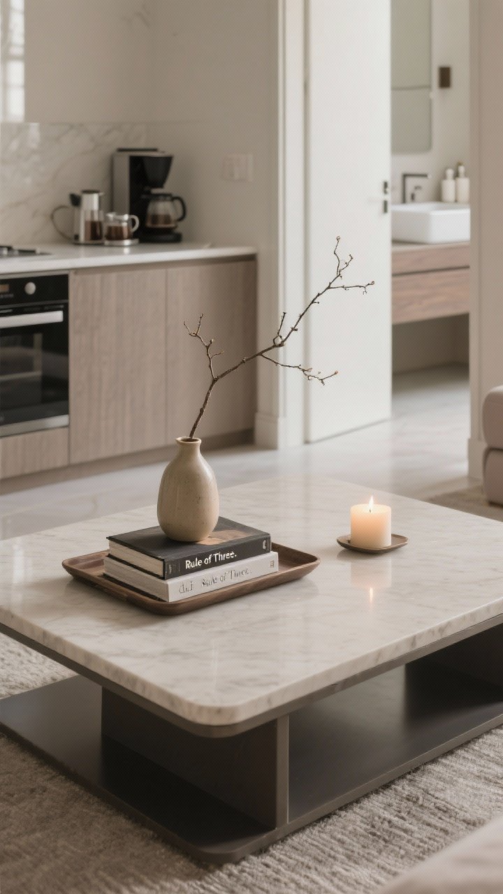 A detail overhead shot of a styled coffee table following the “Rule of Three.” One anchor: a tray with a stack of two books. One height: a slim, small ceramic vase with a single branch for vertical interest. One sensory piece: a lit candle for warmth. The background surfaces are edited and clear; kitchen counters in the distance show a dedicated coffee/tea station only, and bathroom vanity glimpsed through a doorway is minimal with only daily-use items visible. Muted tones, soft reflections, photorealistic.
