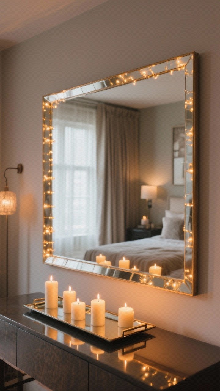 A detail shot focused on reflections: a large rectangular mirror framed with a neat, symmetrical line of warm fairy lights; in front, a mirrored tray on a console holds several unscented candles whose flicker doubles in the tray and mirror; composition shows depth with bounced light across the room, careful spacing from curtains, cinematic cozy glow.
