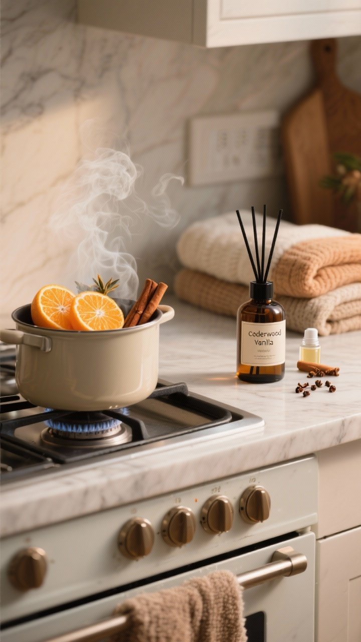 A detail shot of layered winter scents on a kitchen stove and counter: a simmer pot with orange peels, cinnamon sticks, and cloves steaming gently; a diffuser bottle labeled cedarwood, vanilla, and orange; a small spray bottle for textile spritz next to folded blankets; warm, subtle lighting suggesting a cozy aroma, photorealistic.
