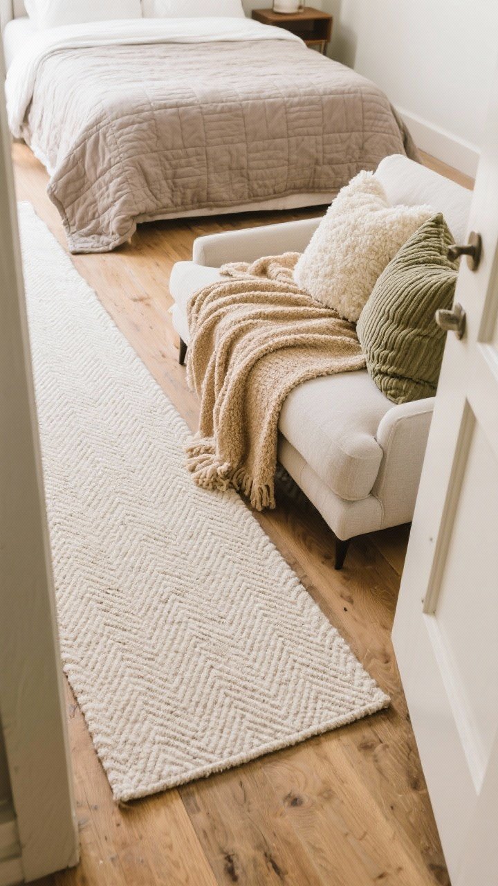 A detail shot of soft-landing textiles: a washable runner in the entry (subtle herringbone pattern) meets bare wood floors; on a sofa, a plush chenille throw in warm beige and two textured pillows (bouclé cream and ribbed sage); on the bed, a stonewashed, washable quilt in muted taupe; neutral palette, soft daylight grazing fabric textures, overhead angle.