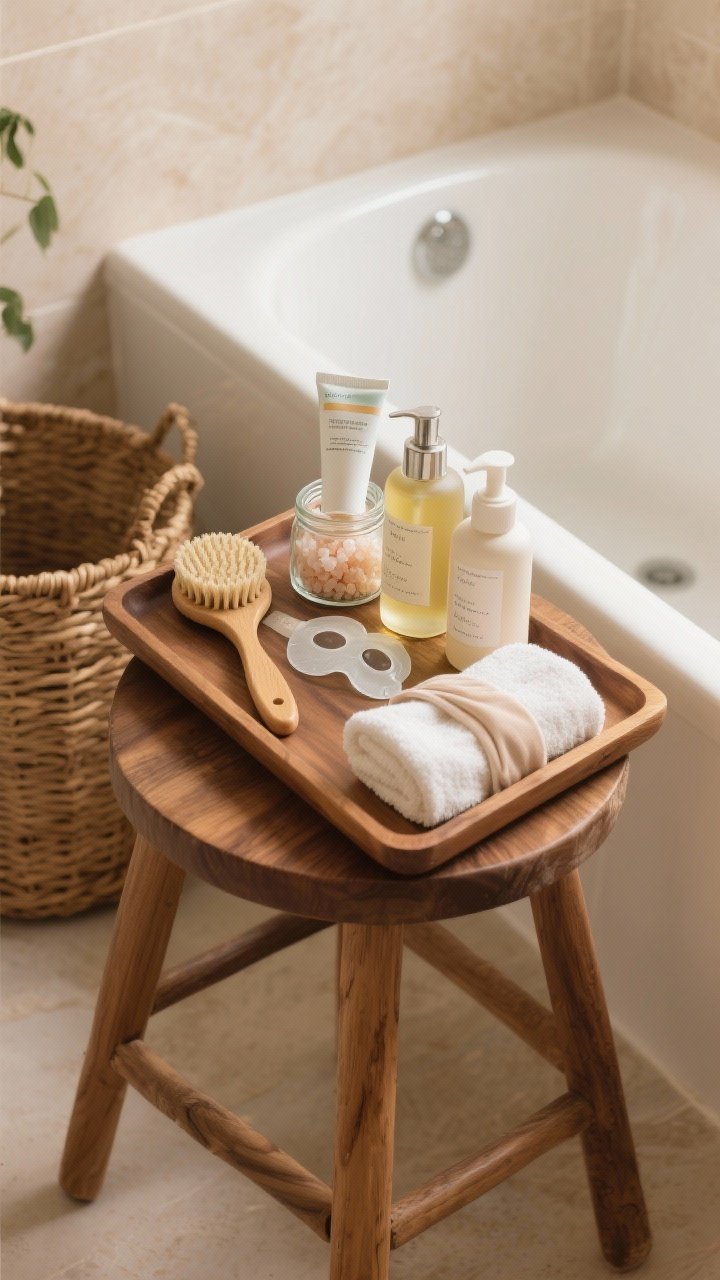 A detailed closeup of a petite spa station arranged on a wooden tray atop a teak stool beside the tub: a natural-bristle body brush, chilled face mask tube and eye gel patches, glass jars decanted with bath salts, bath oil, and gentle scrub (with minimal matching labels), moisturizer and body oil pump bottles, plus a soft headband and neatly folded hand towel; warm neutral tones with woven basket texture in the background; photorealistic, soft warm lighting, overhead top-down styling shot