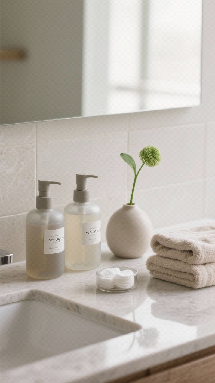 A detailed closeup of a “sensory sink” vignette in a minimalist bathroom: uniform matte-glass pump bottles for soap and lotion with discreet labels, a matching container for cotton rounds, a single green stem in a small bud vase, and neatly folded neutral towels (one tone) stacked nearby. Soft, diffused bathroom light, calm reflections, subtle stone or light tile countertop, spa-like mood without clutter.