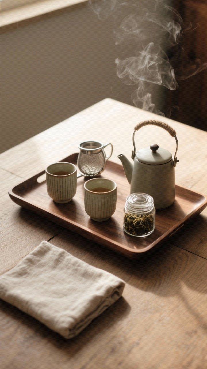 A detailed, overhead shot of a prepared tea tray: a low-profile wood tray with a compact kettle beside it, two favorite ceramic mugs, a metal tea strainer, and a small glass jar of loose tea; a neatly folded linen napkin adds soft texture. Extras hidden from view. Warm late-afternoon light, subtle steam, quiet, old-school chic minimalism.