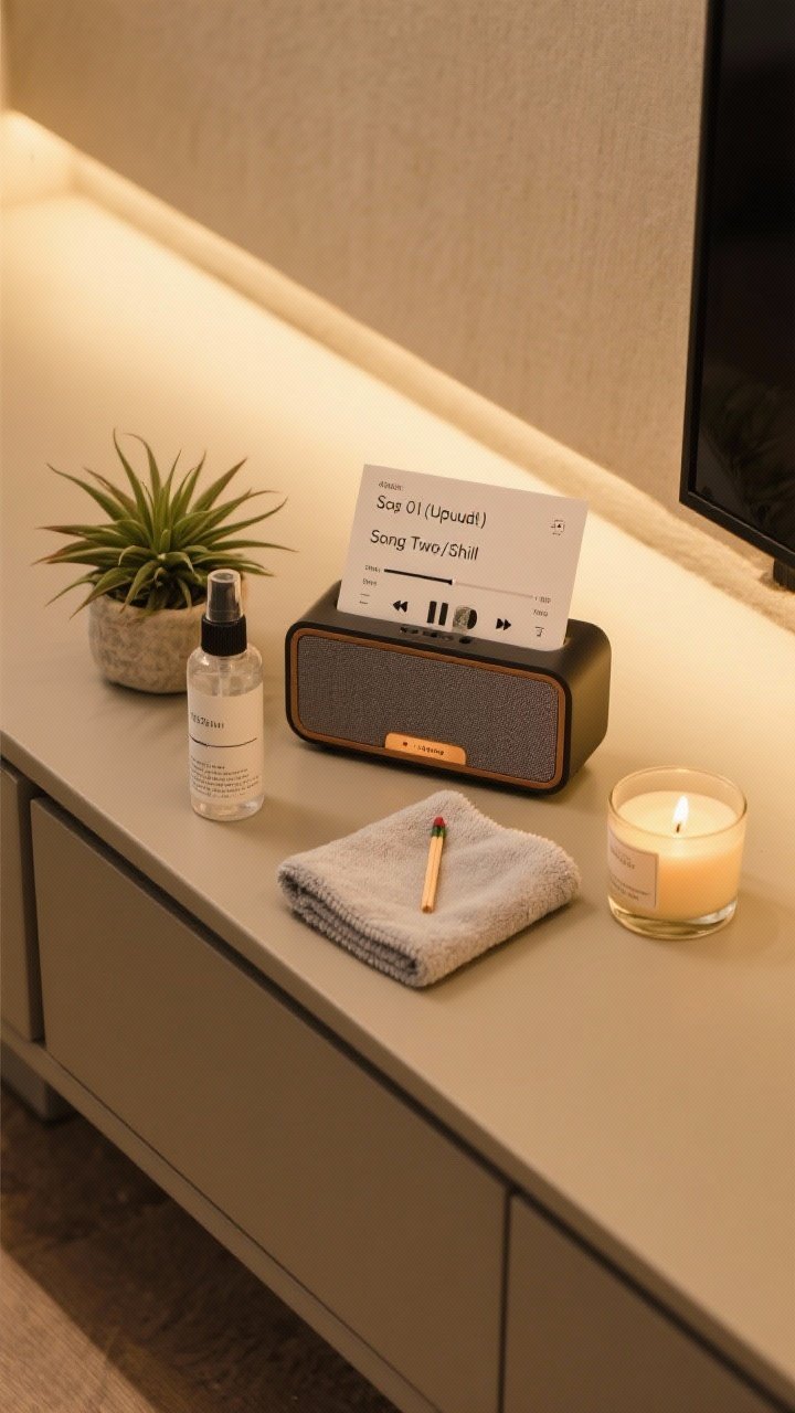 A dynamic, overhead shot of a two-song reset toolkit staged on a console: a small speaker with a visible playlist card denoting song one (upbeat) and song two (chill), a plant-based room spray, a folded microfiber cloth, and a candle with matches; warm ambient light, surfaces cleared nearby to imply quick action and ritual.