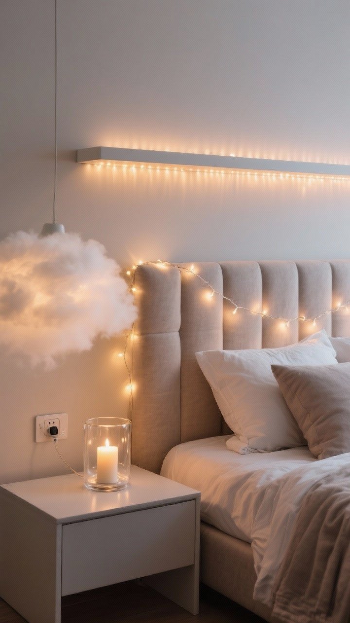 A medium bedroom scene with a soft, cloud-like mood: fairy lights draped along a fabric-upholstered headboard creating a gentle halo, a floating shelf above with a hidden strip of warm micro lights; on the nightstand, a clear glass hurricane with an LED pillar candle glows; a smart plug sits discreetly near the outlet, overall warm, low illumination for wind-down time.