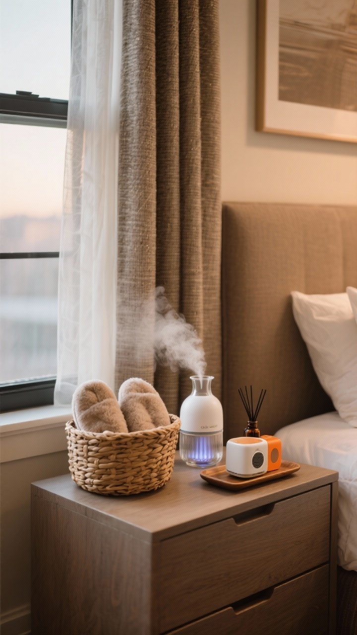 A medium bedside scene of usable winter luxuries: woven basket “slipper station” with plush slippers, a sleek quiet humidifier emitting a gentle mist, a glass bedside carafe with cup-lid on a tray, heavier textured curtains in a double layer (sheer + blackout) framing the window, a white-noise machine and essential oil diffuser (cedar + orange) on the dresser; warm, restful atmosphere; photorealistic.
