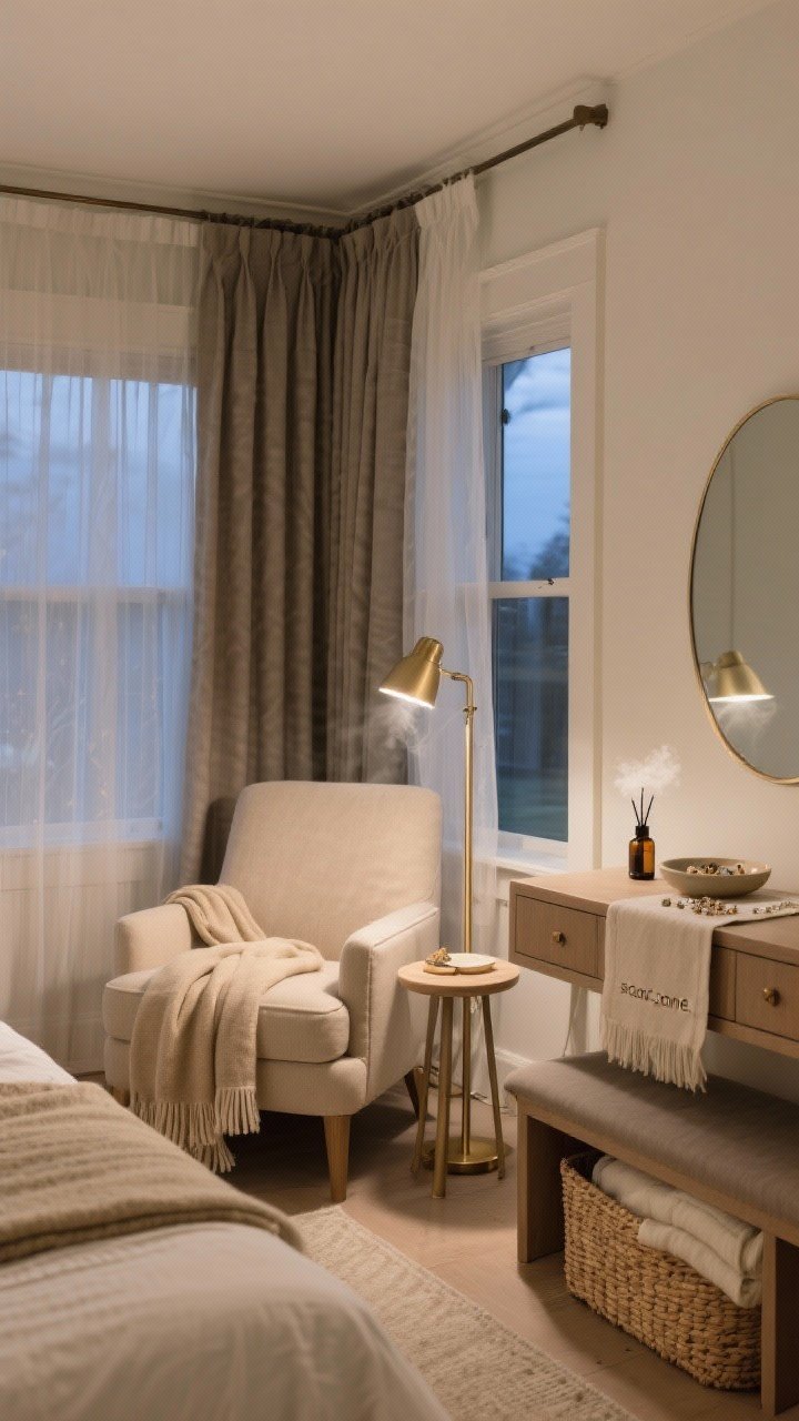 A medium, corner-angle composition showing quiet zones: a reading nook with a comfy upholstered chair, an oatmeal throw, and a brass floor lamp beside a tiny round side table; a foot-of-bed moment with a storage bench and a seagrass basket underneath holding extra blankets; a dresser station with a linen runner, ceramic dish for jewelry, and a softly rounded mirror; an essential oil diffuser emitting a faint mist in a discreet “scent zone.” Layered window treatments with sheer curtains and blackout liners, soft evening light, photorealistic, no people.