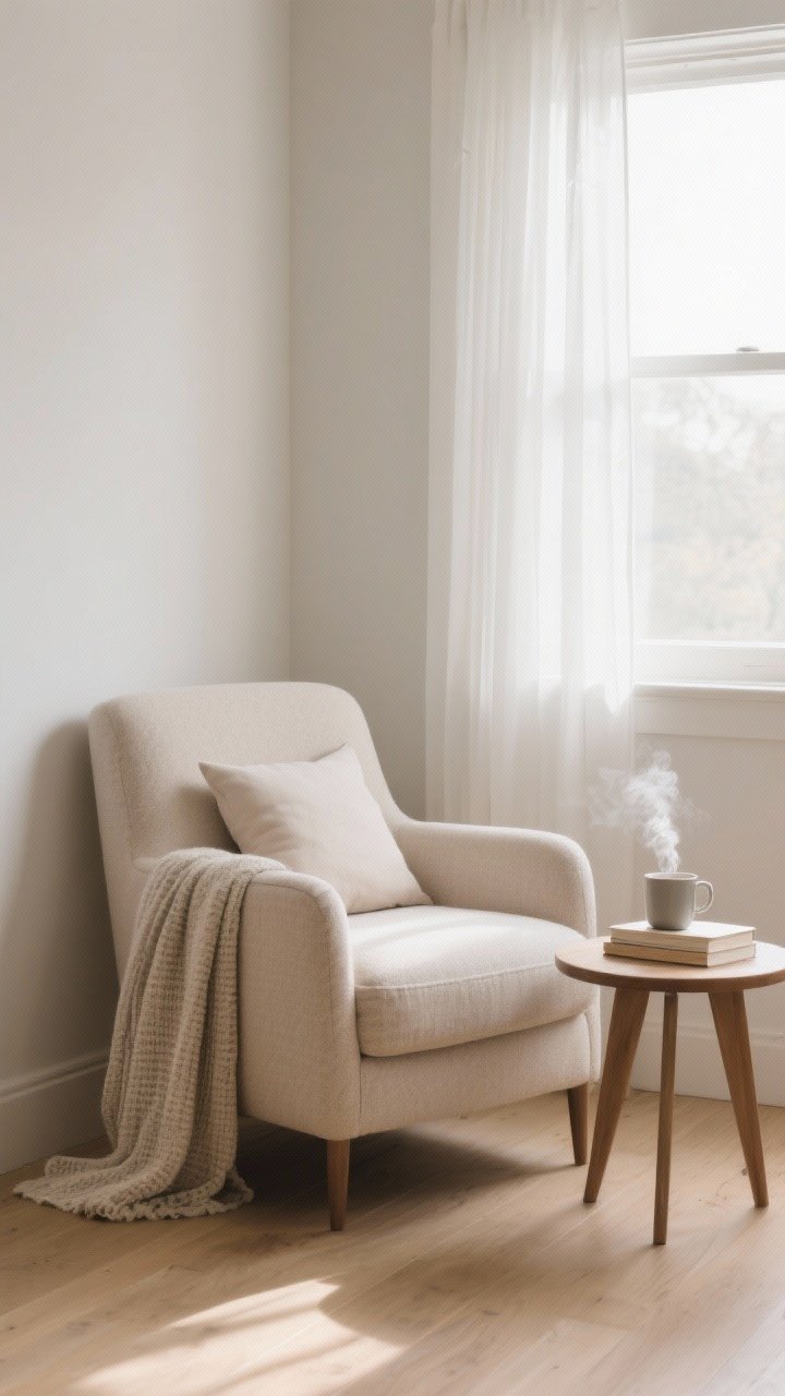A medium corner angle of a morning nook bathed in gentle natural light: one comfy upholstered chair in a neutral tone with a subtle-texture throw and a plain, soft-hued pillow; a tiny round side table holding a steaming mug and a single book—no stacks. Sheer white curtains soften the sun, minimal decor, quiet mood, pale wood floor, photorealistic steam and morning glow.
