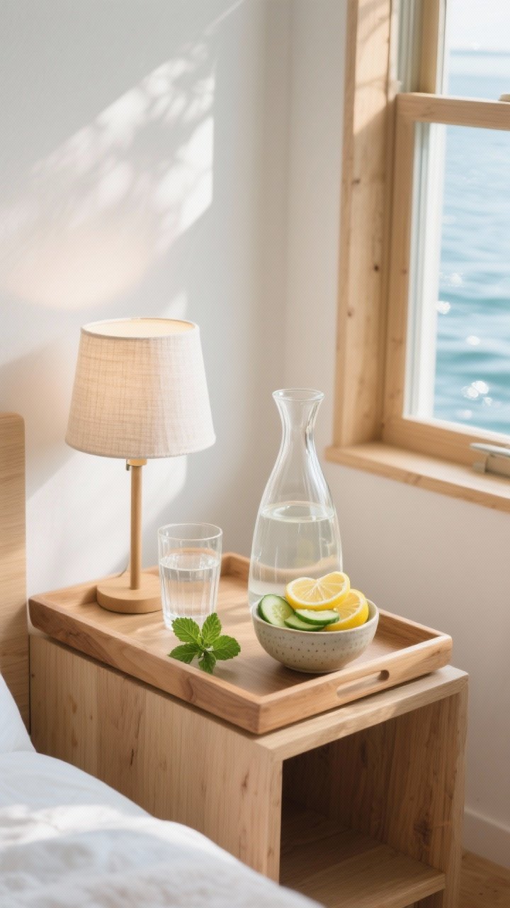 A medium, corner-angle shot of a cozy hydration station on a wooden tray by a sunny window: a clear glass carafe with matching tumbler, a small ceramic bowl filled with lemon wheels and cucumber slices, a sprig of mint, and a petite table lamp with a linen shade casting a gentle glow; optimistic morning light reflecting off the water, light woods and soft whites for a spa-like vibe.