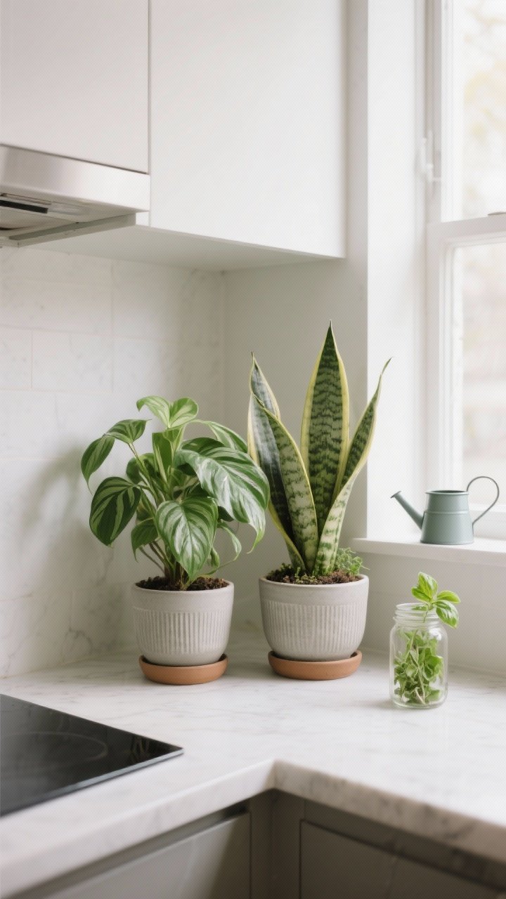 A medium, corner-angle shot of a foolproof micro-garden: matching planters in two sizes holding a pothos, ZZ plant, and snake plant arranged cohesively, with a small watering can placed visibly on an open shelf; kitchen sill herb jar (basil) catching soft daylight, fresh and easy-care vibe.