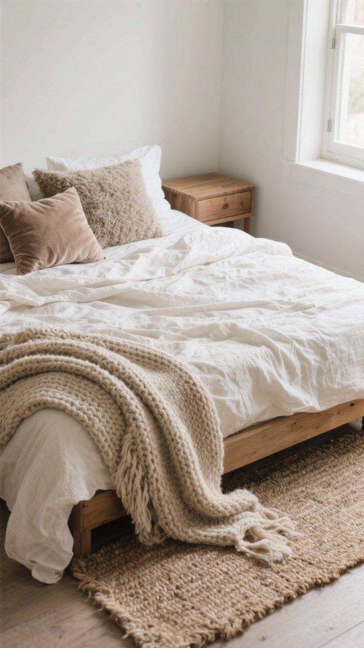 A medium, corner-angle shot of a hygge master bed layered with textures: a warm white linen duvet over breathable cotton sheets, casually wrinkled; a chunky knit throw in oatmeal draped across the foot; a mix of velvet and bouclé pillows in soft taupe and mushroom; a wool rug with subtle jute texture peeking beneath the bed; matte natural wood nightstands. Soft morning light from a nearby window, no people, photorealistic, focus on tactile contrast: linen + bouclé + wood.