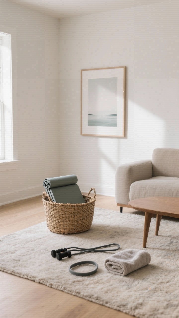 A medium, corner-perspective view of a living room floor space cleared for stretching: the open area between sofa and coffee table visible, a low woven basket holding a foldable mat, a resistance band, and a microfiber towel; above, one minimal calming art print as a focal point. Natural daylight, clean lines, soft rug texture, inviting negative space signaling movement.