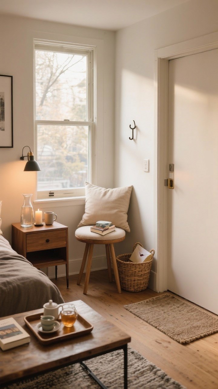 A medium corner shot creating micro-zones: a sunny window perch with a neutral cushion and petite round stool acting as a side table holding a mug and paperback; on a nearby nightstand, a carafe, a candle, and a current read arranged neatly; a tray on a coffee table defining a tea setup; at the entry, one wall hook, a small rug, and a basket for mail; warm, intentional lighting, compact apartment scale, photorealistic.