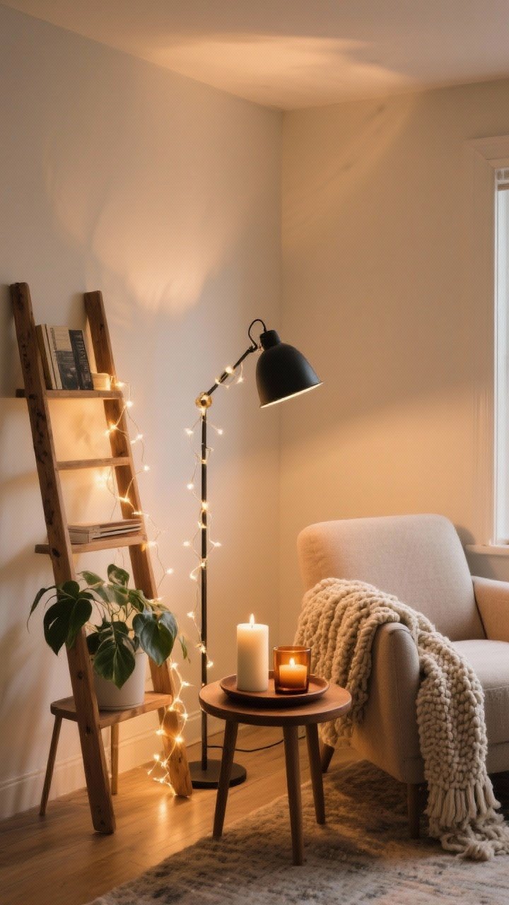 A medium corner shot of a cozy reading nook: warm white fairy lights (2700–3000K) wrapped around a matte black floor lamp base and draped up a wooden ladder shelf beside a leafy plant stand, two candle heights (one ivory pillar, one amber glass votive) on a small round wooden tray atop a compact side table, a chunky textured throw blanket over a soft armchair, all casting a soft halo against neutral walls; no overhead light, only warm glow.