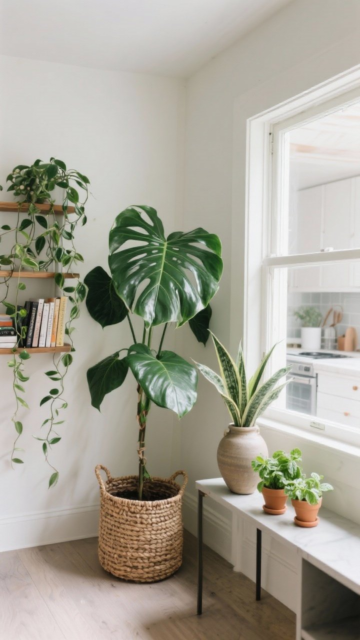 A medium corner shot of a greenified space: one large statement floor plant (like a fiddle leaf or rubber plant) in a woven basket by a window, a pothos trailing on a bookshelf, a snake plant or ZZ plant on a side table. In the kitchen sightline, small herb pots of basil and mint. Optional ceramic vase with faux eucalyptus or olive branches on a console. Soft daylight, fresh and low-maintenance vibe.