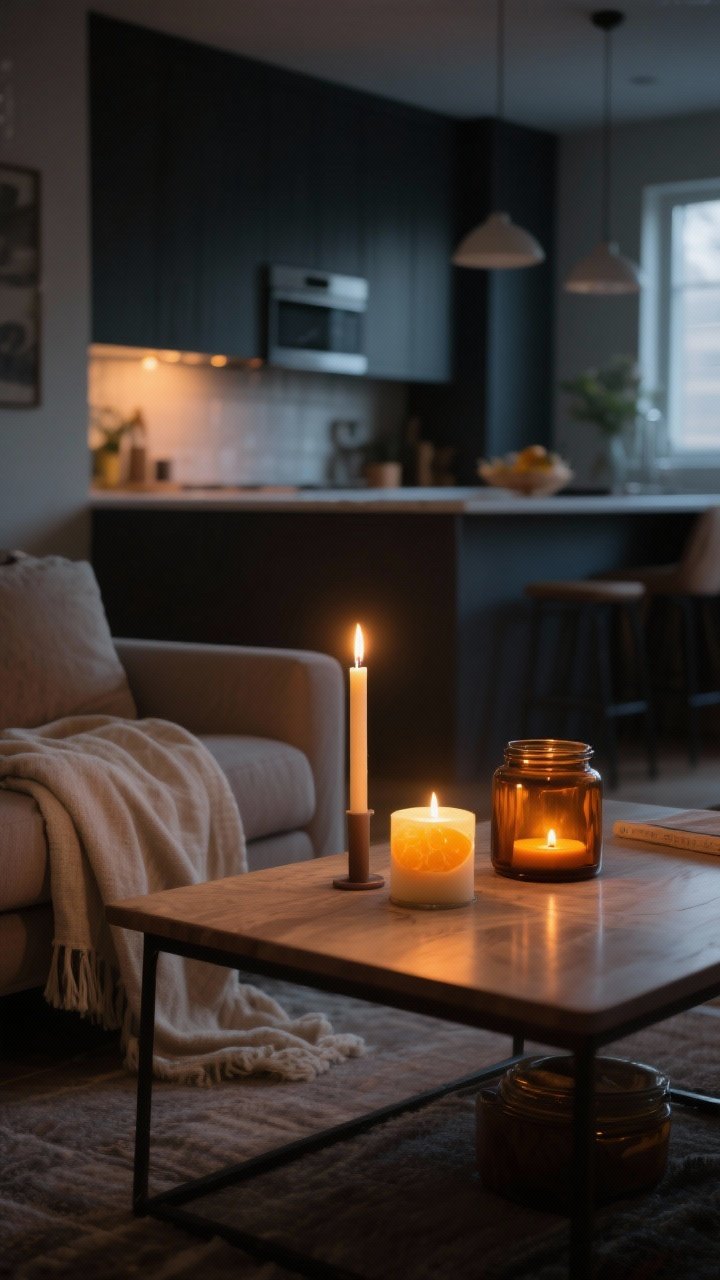A medium, evening living space featuring the two-candle rule: one citrus candle flickering on a tidy kitchen counter in the background, and a wood/amber candle on the living room coffee table in the foreground; layered warm candlelight reflecting off soft textures, cozy linen throw and amber glass jars; perspective from the sofa corner, moody and welcoming.
