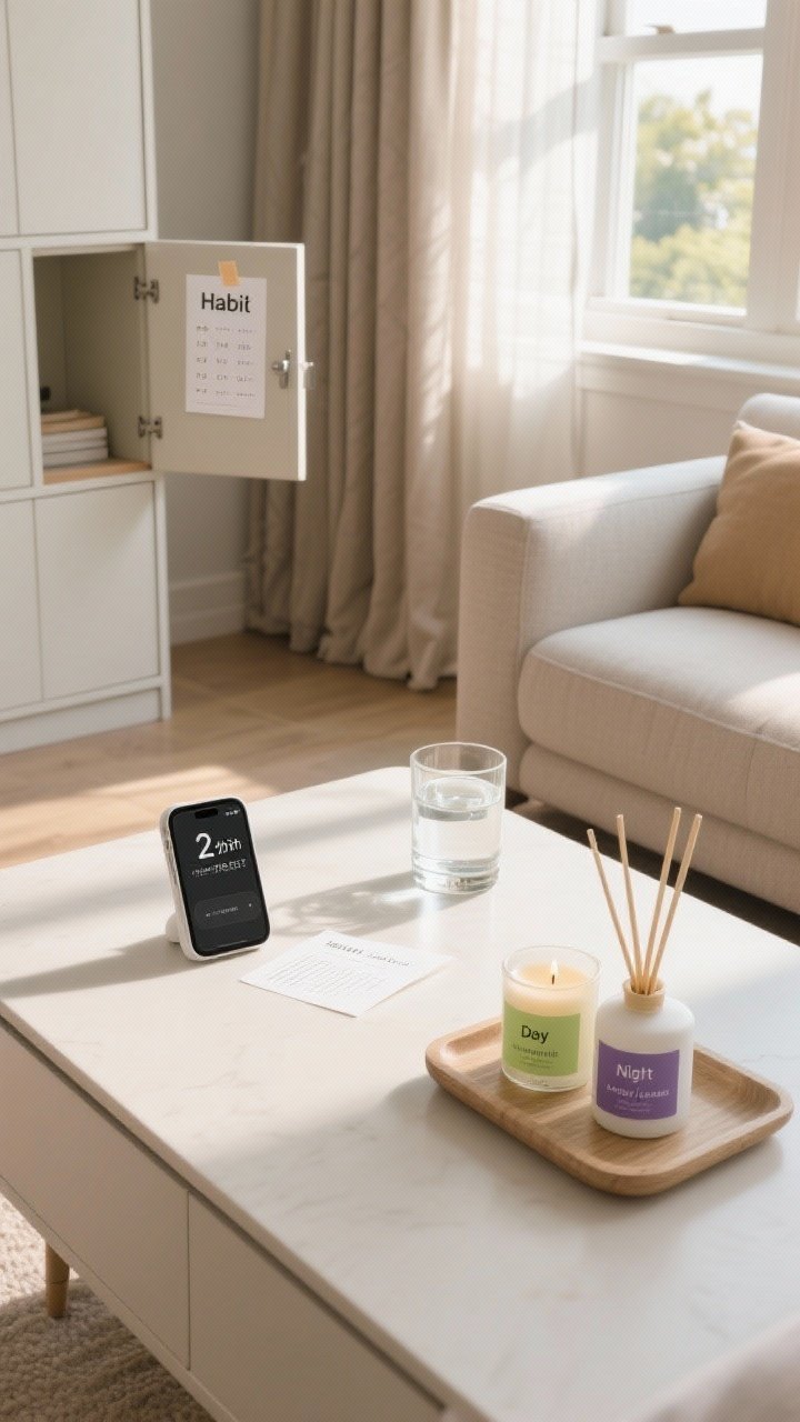 A medium overhead shot of a tidy living room surface mid-ritual: a timer on a phone counting down a two-minute reset, a small habit tracker card taped inside a cabinet door slightly ajar. Nearby, a sunny window with open curtains provides a morning light hit; a glass of water sits on the sill. Two small diffusers or candles labeled with distinct day (citrus/mint) and night (lavender/cedar) scents sit on a tray, signaling scent anchors. Clean lines, gentle natural light, photorealistic.