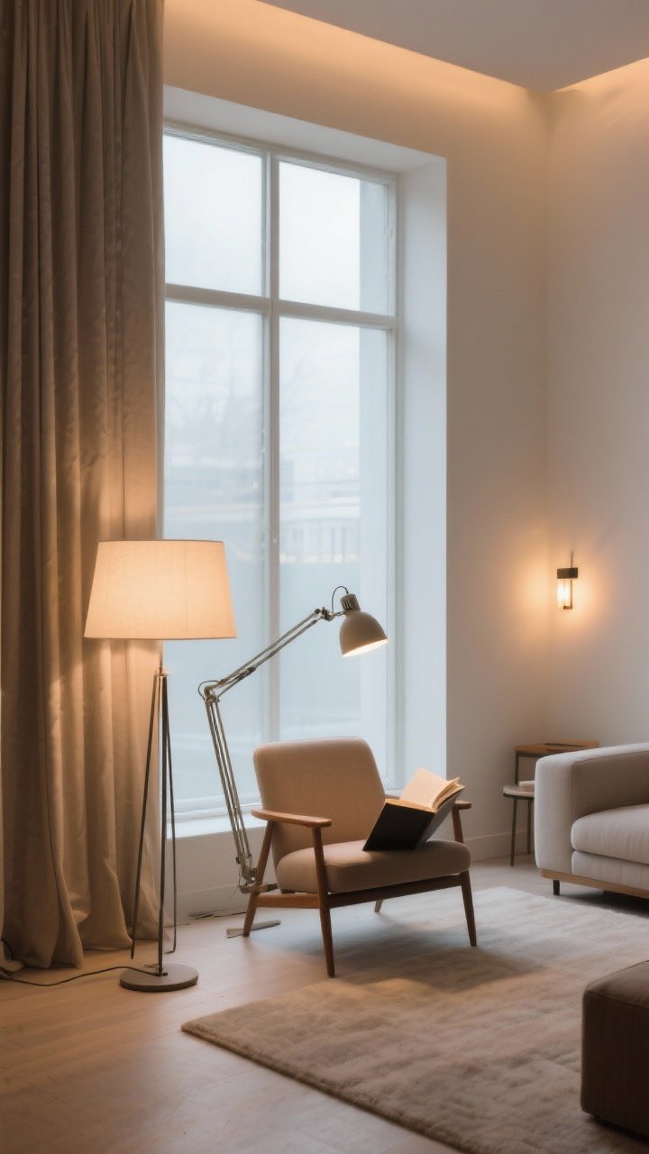 A medium shot focusing on layered lighting in a minimalist living room: a diffused floor lamp washing the room for ambient light, an adjustable task lamp at a reading chair, and a small sconce providing accent glow; all bulbs at warm 2700–3000K with dimmable warmth; curtains hung high and wide revealing maximal window glass, enhancing spaciousness and serenity.
