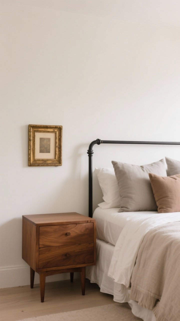 A medium shot of a calm color palette vignette: painted walls in warm white, bedding in light neutrals, caramel-toned wood nightstands, and a single black metal curtain rod as the grounding dark accent. Include layered pillows in greige, soft taupe, and mushroom tones, plus a brass picture frame for an aged-brass touch. Soft daylight filters in, highlighting tonal variations; photorealistic, no people.