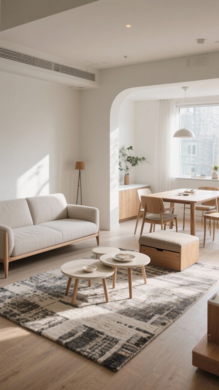 A medium shot of a compact living area furnished with air: a slim-profile sofa on visible wooden legs, rounded-edge nesting coffee tables, and an extendable dining table tucked nearby; include a storage ottoman and a properly scaled large rug anchoring the zone; clean sightlines, lifted furniture for visual space, soft afternoon light glancing across rounded corners for easy circulation.