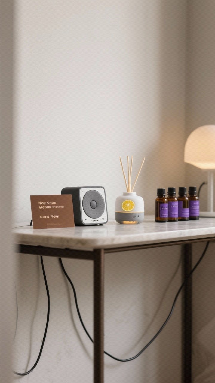 A medium shot of a console table sound-and-scent station: a small speaker playing a light playlist, a matte diffuser emitting a gentle citrus blend in the morning, brown-noise label card nearby for afternoon, lavender and sandalwood essential oils lined up for evening; soft ambient light, neat cables, calm studio-like vibe, corner angle.