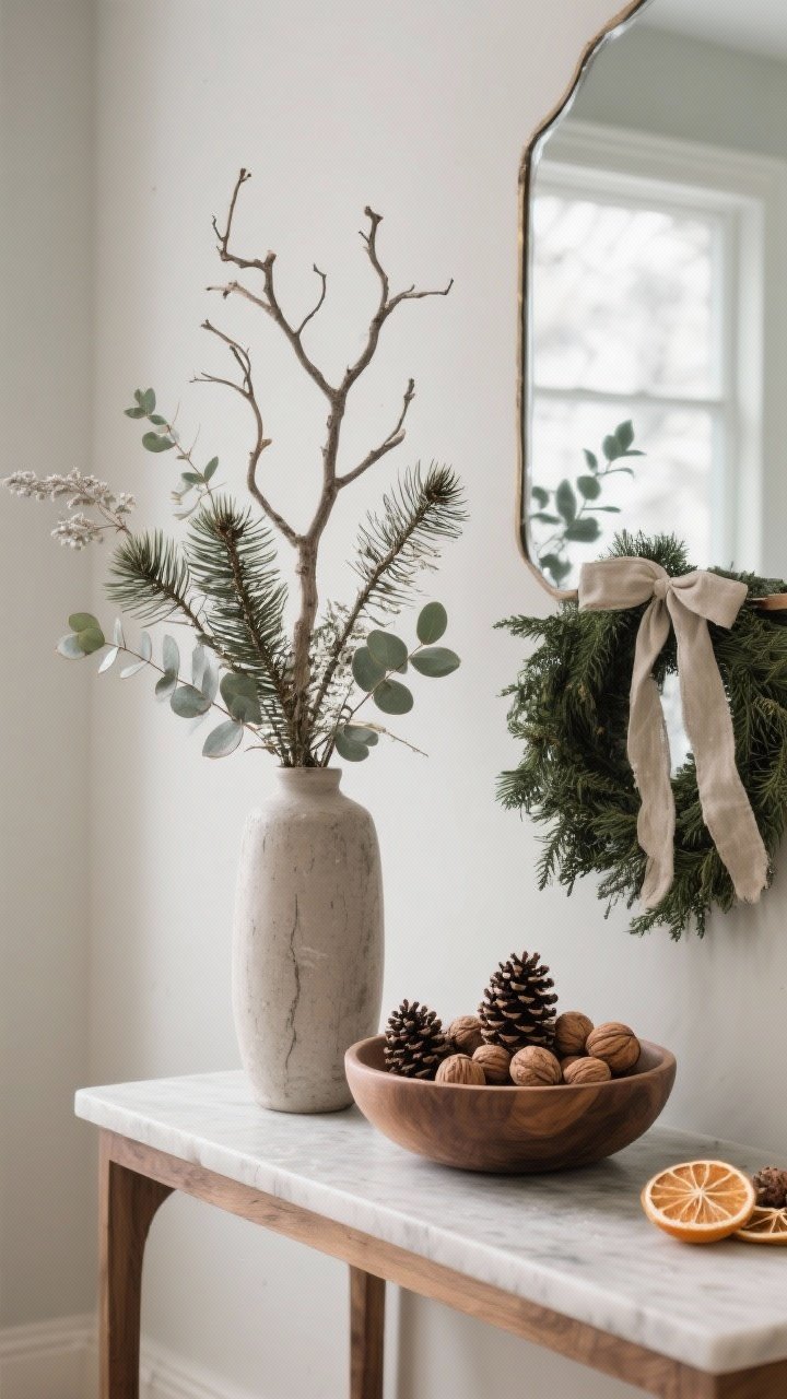 A medium shot of a console table styled with natural winter elements: a tall vase holding foraged pine, cedar, and eucalyptus stems with a sculptural bare branch; a wooden bowl filled with pinecones, walnuts, and dried citrus slices; an evergreen swag tied with ribbon draped over a mirror edge; muted, natural palette and soft winter light, photorealistic.