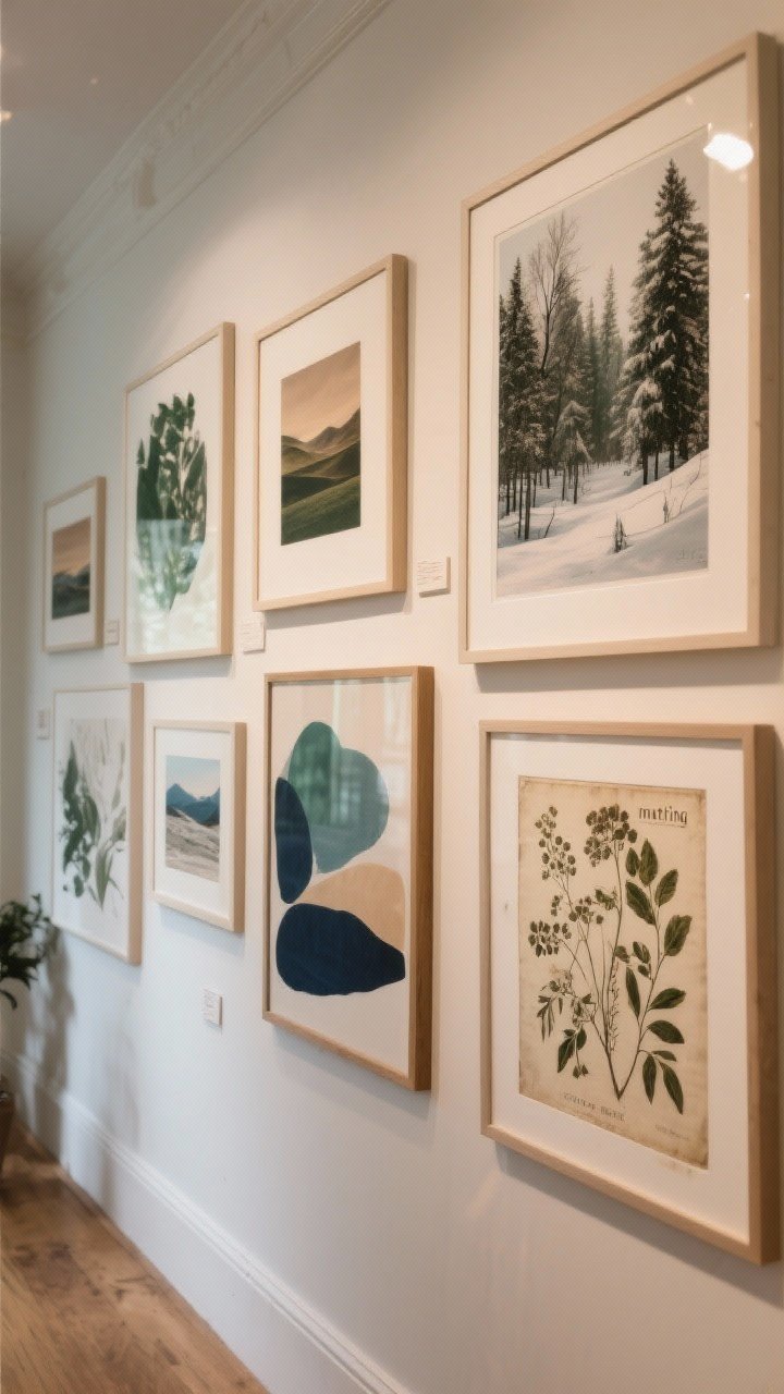 A medium shot of a gallery wall where summery art has been swapped for winter mood prints: framed landscapes, abstract pieces, and vintage botanicals in deeper tones—forest greens, sepia, indigo, and warm neutrals; DIY “matting” using white/cream poster board visible within the frames; warm ambient light grazing the artwork, photorealistic.