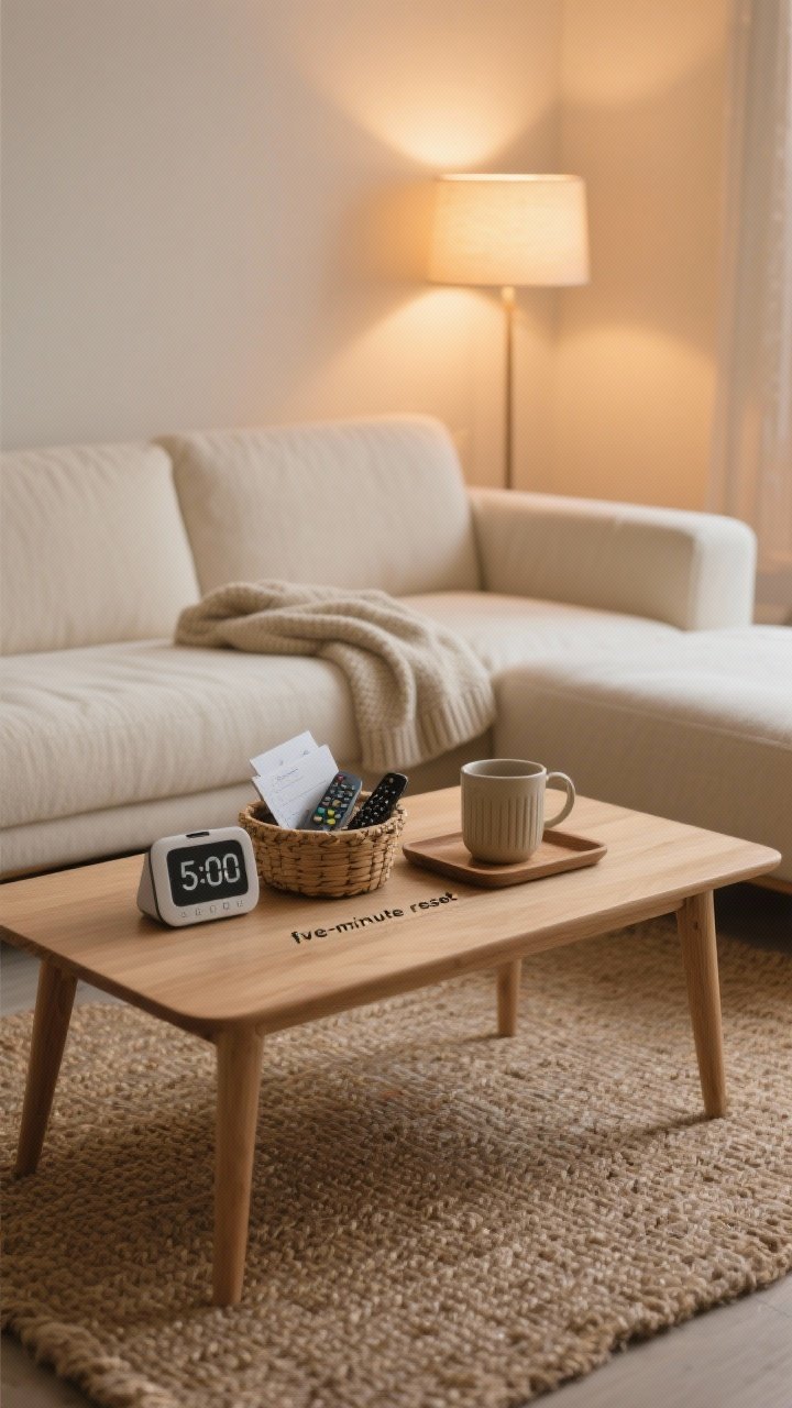 A medium shot of a living room coffee table “five-minute reset” scene: a neutral-toned space with a jute rug, light oak coffee table, timer on a phone set to 5:00, a small woven basket collecting stray remotes and mail, a ceramic mug being returned to a tray, and a sweater folded over the arm of a cream sofa; warm evening lamp light, calm and minimal, straight-on angle.