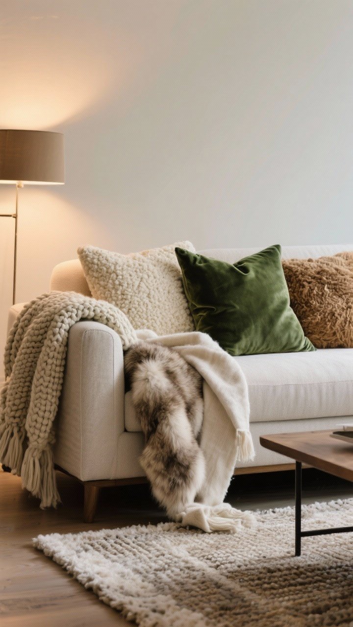 A medium shot of a living room sofa arm styled with layered textures: a chunky knit throw, a faux fur blanket, and a lightweight cotton throw draped together; mix-and-match pillows in velvet, boucle, and linen in forest green, cream, and warm neutral tones; a smaller plush rug layered over a flatweave beneath a coffee table; soft, warm ambient lighting for a cozy winter vibe, no people, photorealistic.