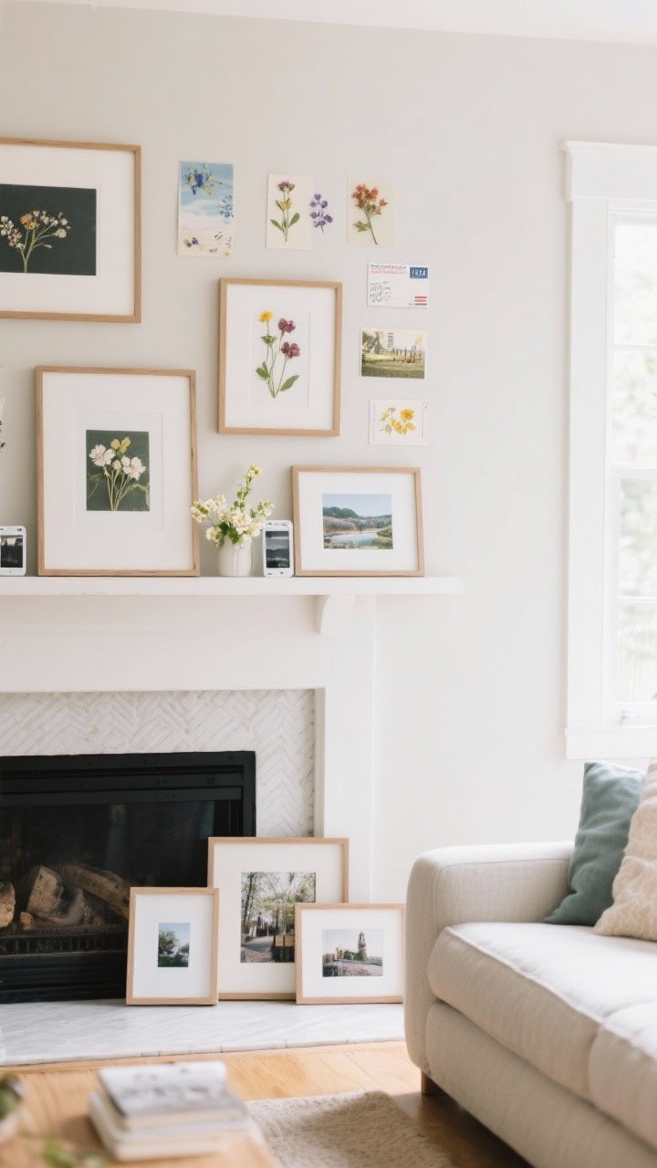 A medium shot of a living room vignette showcasing a spring art refresh: a mini gallery wall of postcards, pressed flowers, and travel snaps in slim wood and white frames; several framed matte phone photos leaning on a mantel and shelf for a relaxed look. Bright, light-filled scene with softer, lighter prints replacing a single moody piece; no nails, mostly leaning layers.